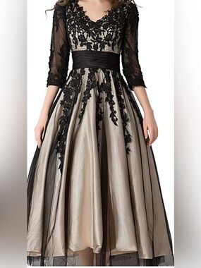 NWT JJ’s House Champagne & Black Lace Embroidered Formal Midi Dress Size 10